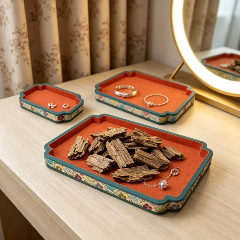 Islamic Royal Brocade Jewelry Tray, Wooden Floral Corner Appraisal Plate, Ramadan Gift Box For Hand String & Pendant