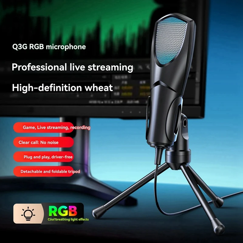Gaming Microphone Professional Desktop USB Condenser Microphone RGB Light Live Streaming Video Conference Microphone-A10G