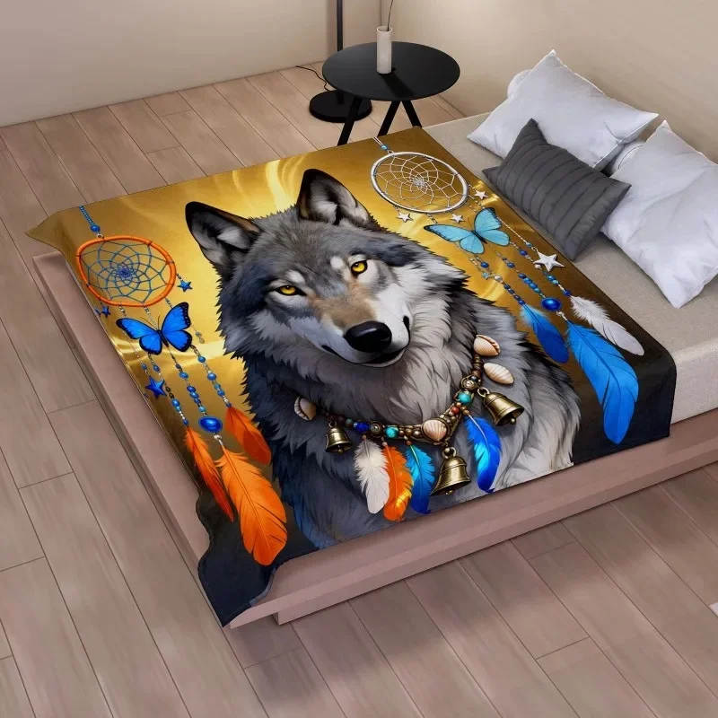 Wolf Dreamcatcher Butterfly Flannel Blanket, Ultra-fine Fiber Warm Throw Blanket, Feather Bell Art Print for Sofa Bed