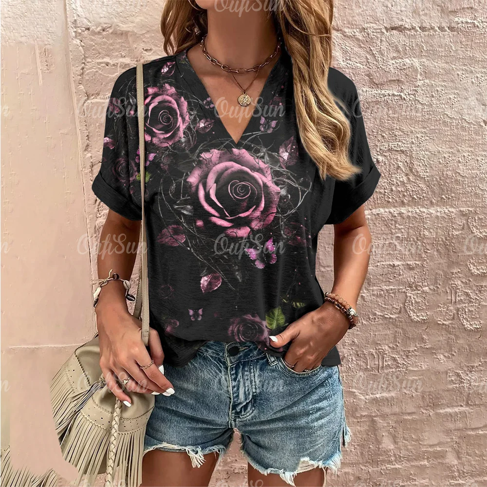 2024 New Women\'s T-Shirts Summer 3D Rose Print Fashion V-neck Short Sleeves Tee For Women Casual Oversized Tops Clothing