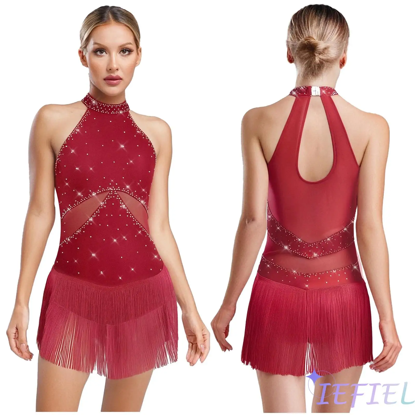 

One-Piece Womens Latin Chacha Dance Leotard Sparkly Rhinestone Tassel Mesh Patchwork Back Hollow Out Bodysuit Dance Costume
