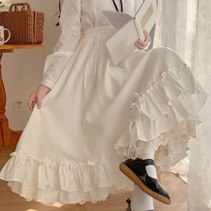 Japanische Rüschen Faltenrock Frau Süße Hohe Taille Lose Knöchellangen Röcke Frauen College Stil Schwarz Patchwork A-linie Rock