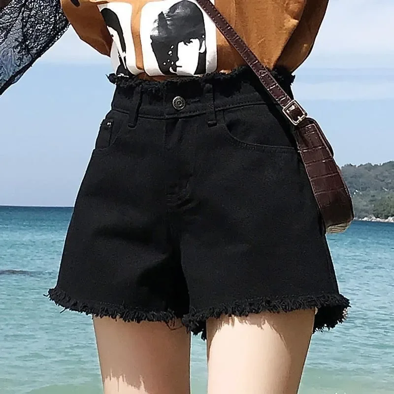 Spring Summer Women Denim Shorts Women Wide Leg Short Jeans Fashion Female High Waist Black Tassels Caual Shorts Girls