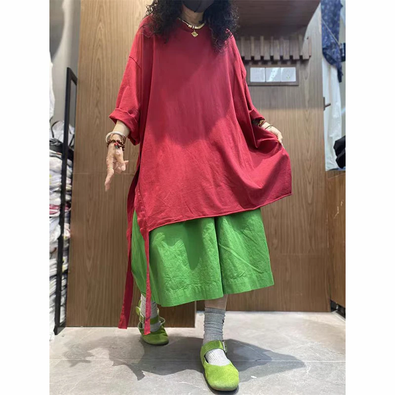 Summer New Arts Style Women O-neck Loose Short Sleeve Tops Tees 100% Cotton All-matched Casual Side Split Long Tee Shirt Xt189