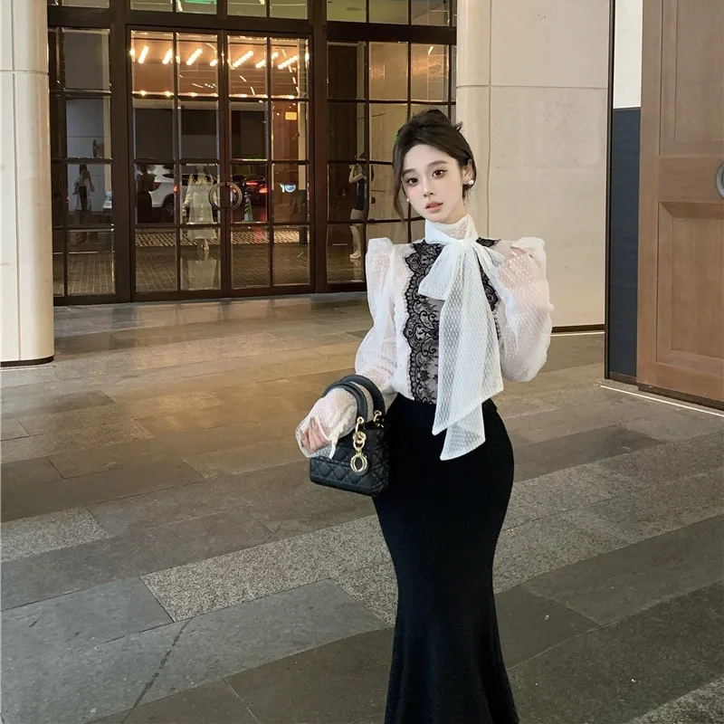 Spring Autumn 2026 Women\'s Double Layer Polka Dot Mesh See through Lace Shirt Bow Tie Design Sensation Quality Fashionable