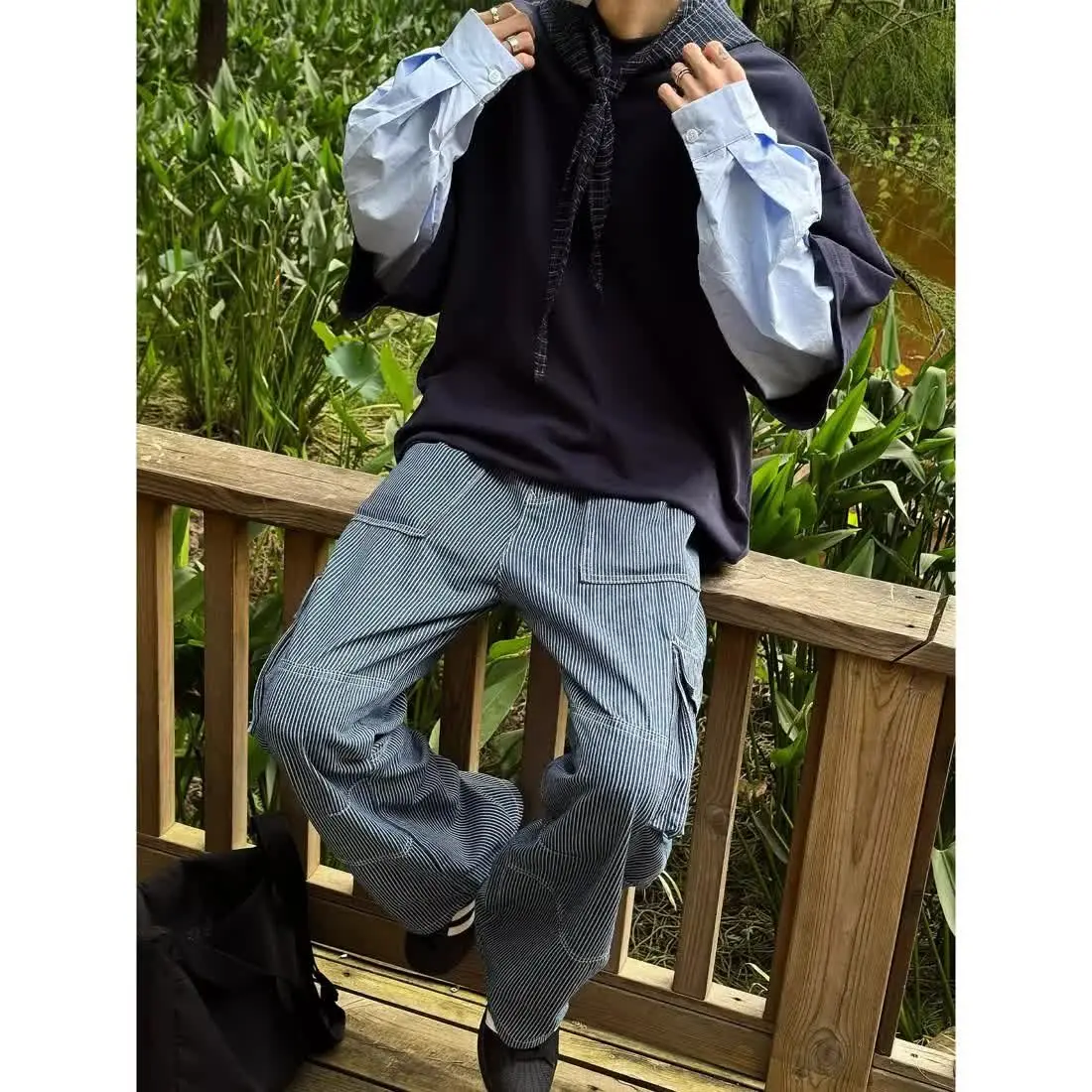 Men's Multi Pocket Blue Vertical Stripes Casual Pants Wide Legs Street Sweatpants Boy Spring Bottom Male High Waist Trousers