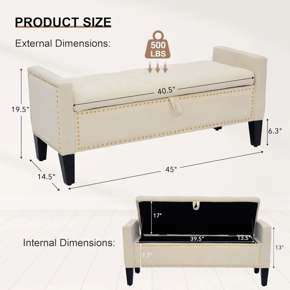 مسند تخزين حديث بأذرع، مقعد معنقدة بزر منجد مقاس 45 بوصة لنهاية السرير، أثاث غرفة المعيشة مع نعل تخزين #2