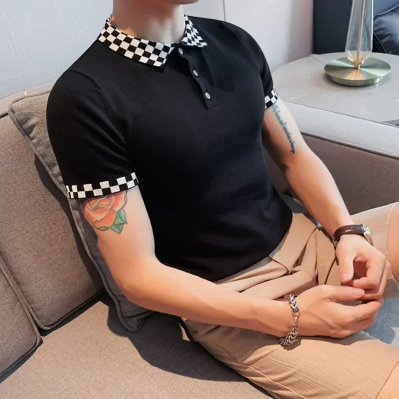 

Personality Lapel Short Sleeve POLO Shirt Men's Summer Personality Light Luxury Half Sleeve Casual Top European American Simple