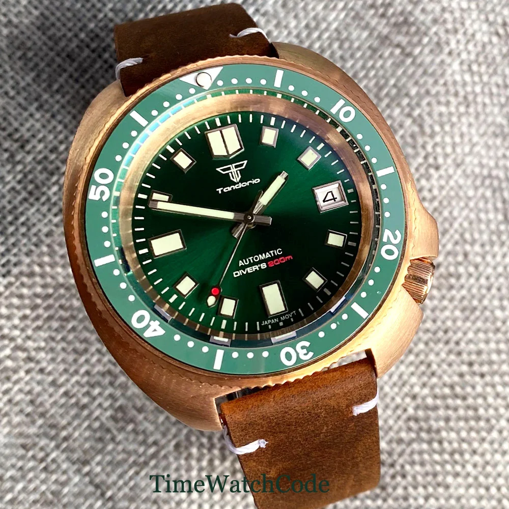CUSN8 Solid Bronze NH35A PT5000 Automatic Mens Watch 200m Diving Date Green Black Blue Rubber Strap Sapphire Glass Tandorio 44mm