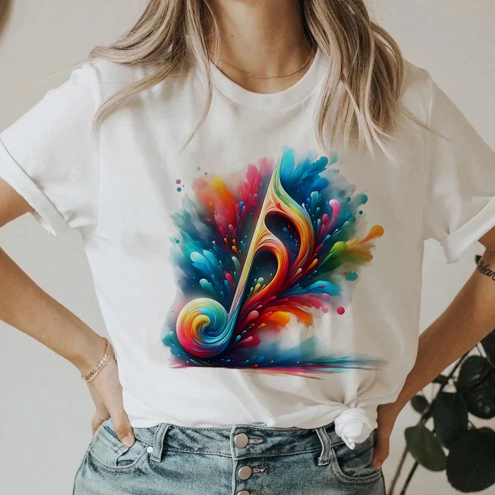 

Красочные ноты, женский топ с короткими рукавами и круглым вырезом, повседневная женская одежда с креативным принтом, новинка лета