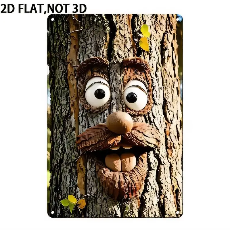 2D Flat Whimsical Tree Face Cartoon Metal Tin Sign - Brown/Green, Iron Material, Fun Forest Design, Perfect for Garden Outdoor W