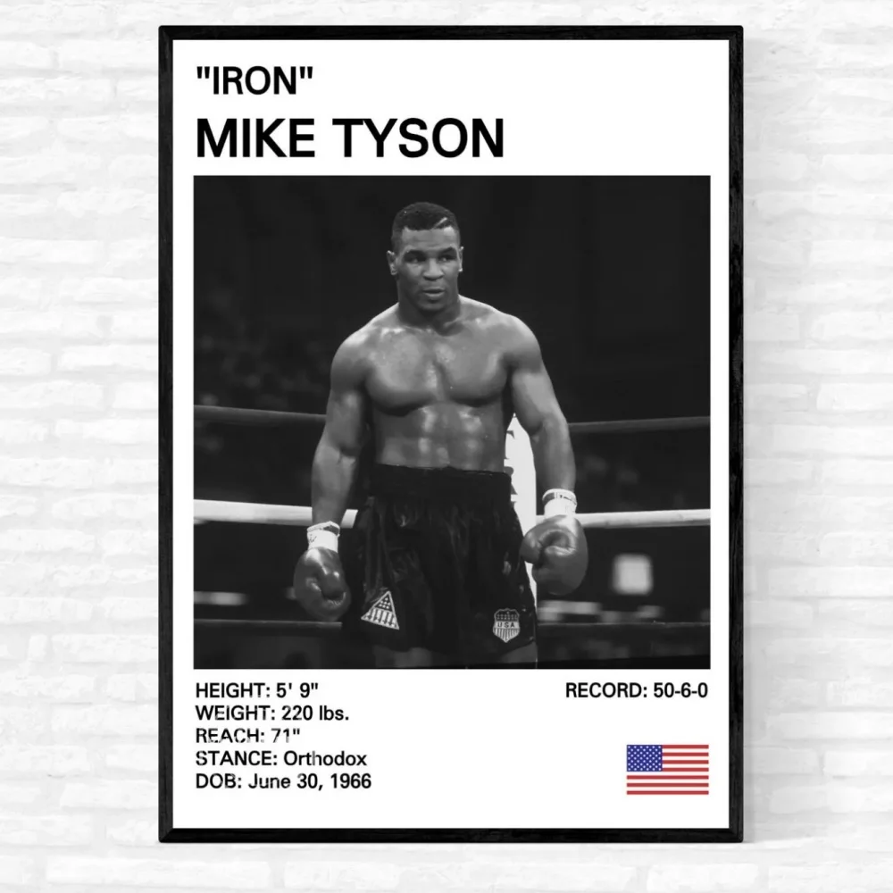 Poster Legenda Tinju Hitam dan Putih Lukisan Kanvas Gambar Poster Mike Tyson Seni Dinding Ruang Tamu Dekorasi Rumah Mural Cetakan