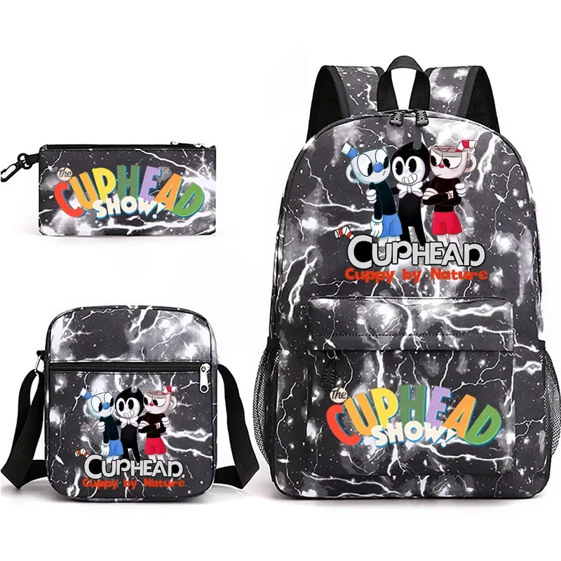 Popolare novità gioco Cuphead Show Print 3 pz/set borse da scuola per studenti zaino per Laptop zaino a tracolla inclinata astuccio per matite