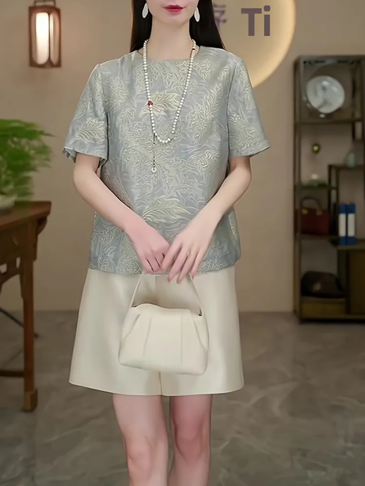 

Ele round Ne ort Sve Embroidery Design Base irt Commute Simple Sle Korean Version Straight Cut Silk Top