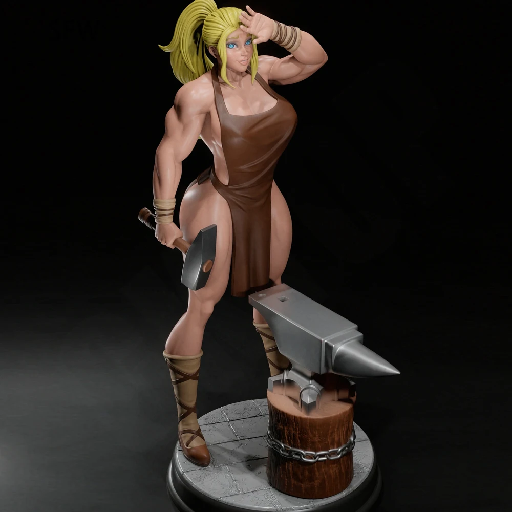 NSFW Female Blacksmith With Hammer Anvil 1/24 Grey Resin Figure Model Kit Unassembled Unpainted GK 3D Print DIY Miniature Statue