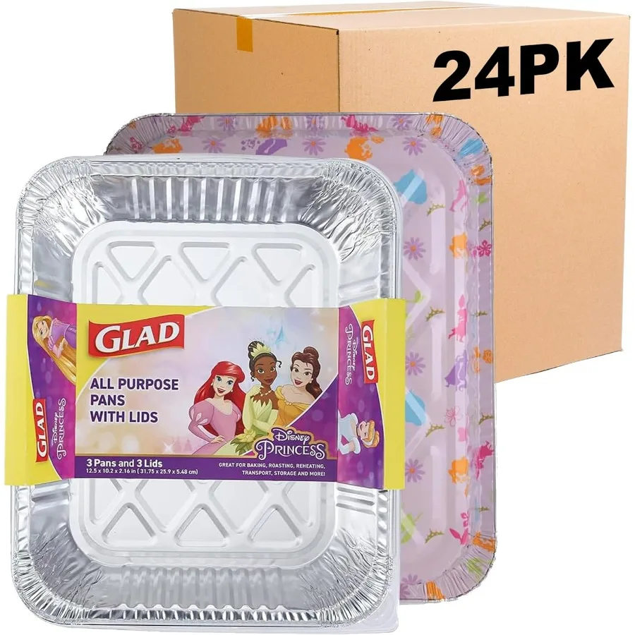 

Disposable Aluminum All Purpose Pans in Disney Princess Pattern with Lids for Themed Parties and Events ReusableLook Foil Steam