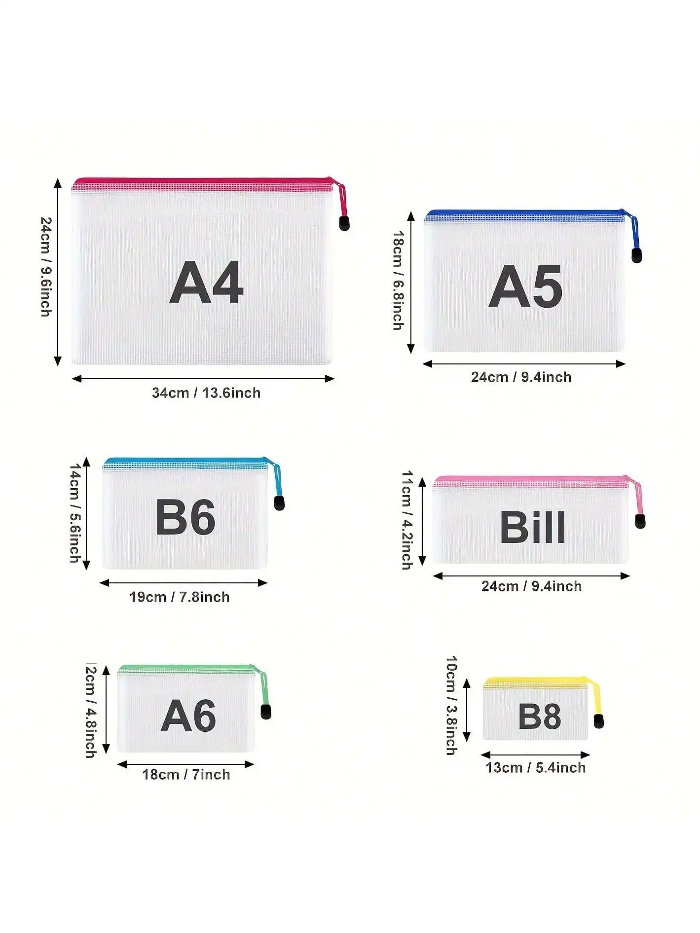 Bolsas versáteis à prova d'água com zíper, organizadores transparentes de vários tamanhos com zíperes coloridos para viagens, escola e casa