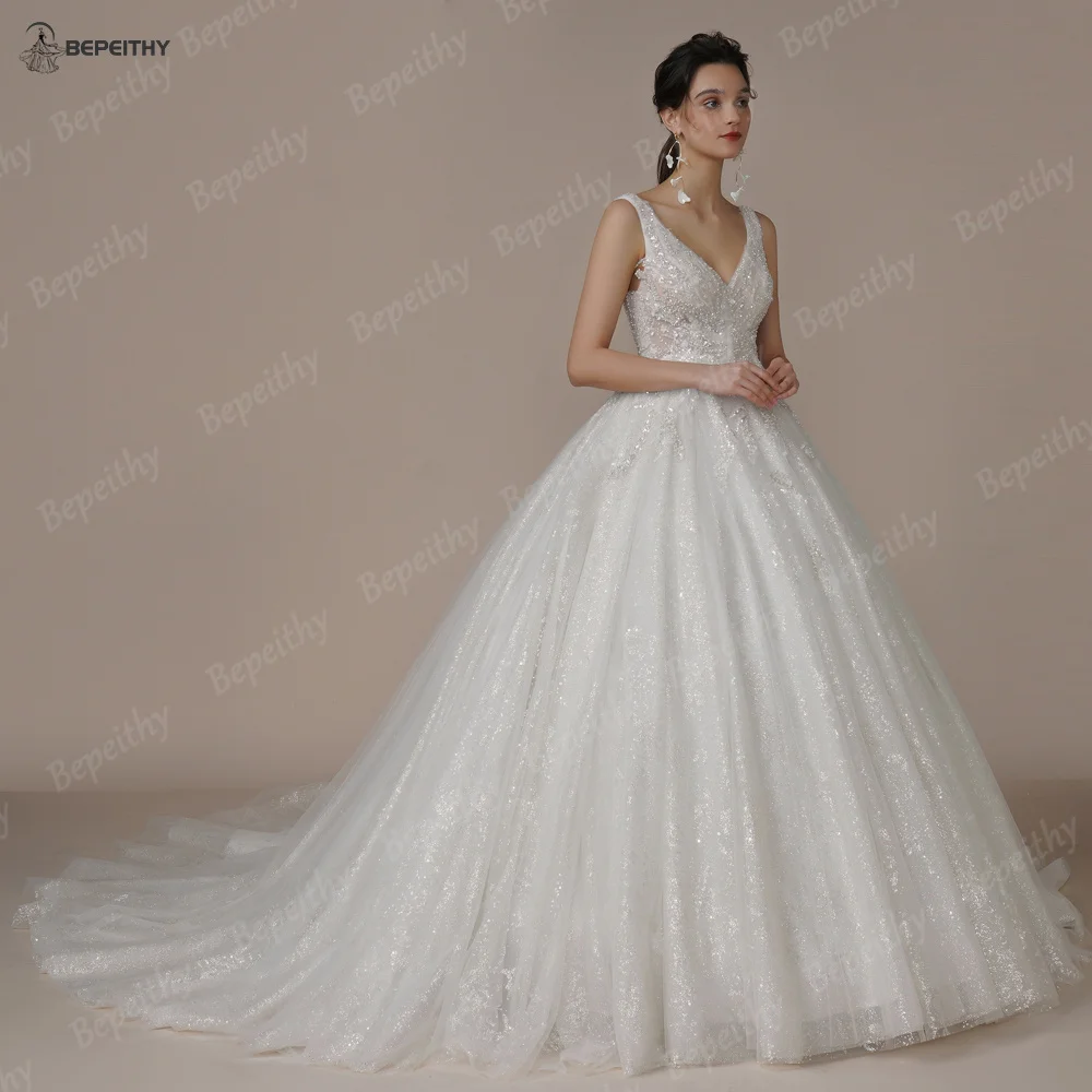 BEPEITHY Customized Bride Luxury V Neck Crystal Wedding Dresses 2023 Court Train Beading Exquisite Ivory Bridal Ball Gown Spring