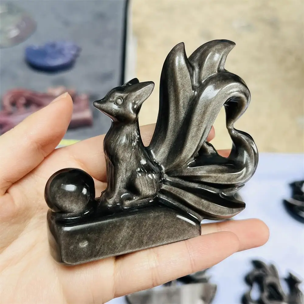 Silver Obsidian Nine-tailed Fox Animal Quartz Carving Polished Natural Healing Figurine Home Decor Animal Craft Gift