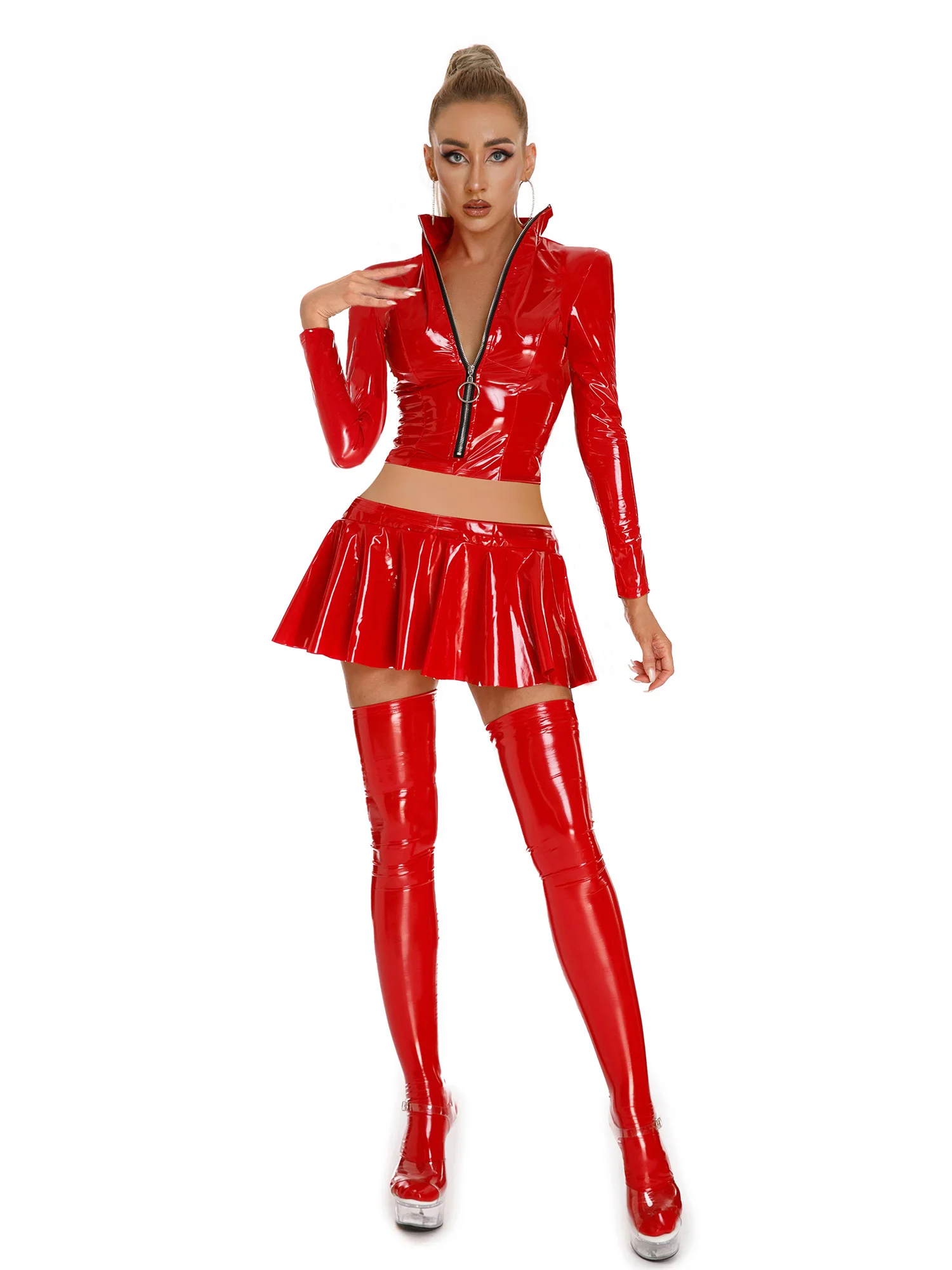 Womens Glossy PU Party Clubwear Outfit Long Sleeve Front Zipper Crop Jacket And Pleated Miniskirt 2-piece Set for Dance Raves