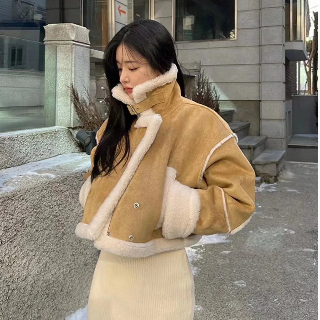 

Chic ort Lamb Suede Fur Inteated Collar Women's Jaet Ele Faionable Winter Outerwear Stand Fit Long Sve