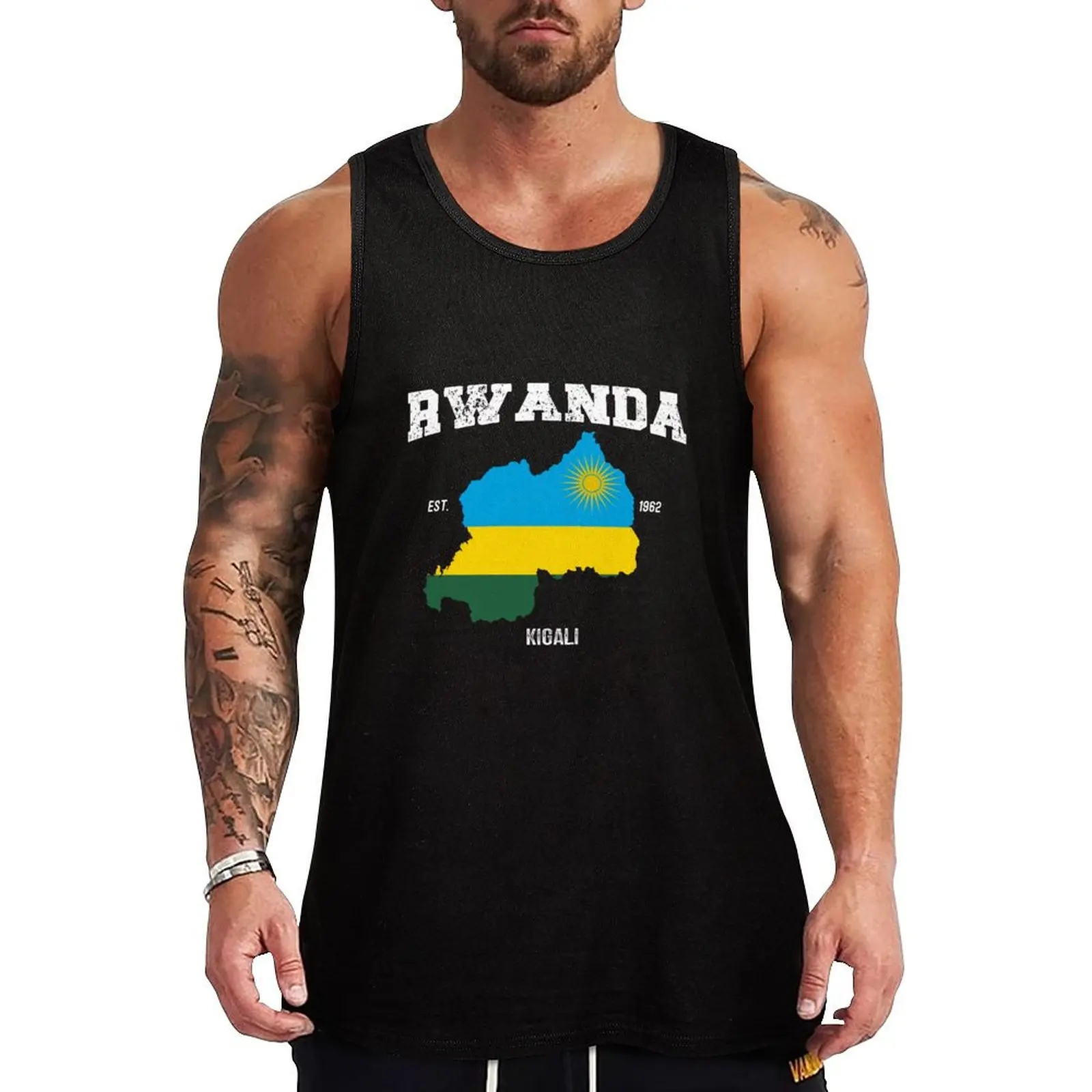 Rwanda Flag, Rwanda Map, Rwandan National Flag Tank Top clothing men Men's sleeveless Short sleeve