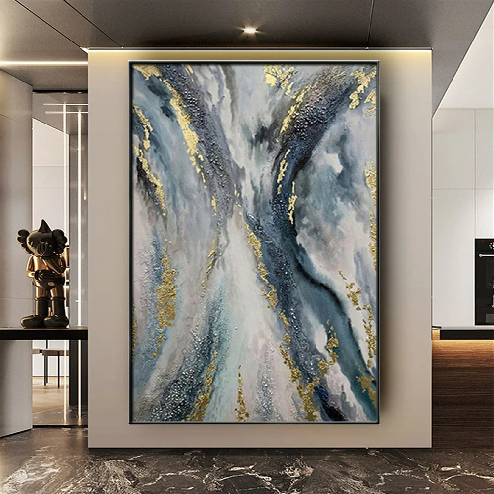 

Nordic Wall Picture For Living Room Gold Canvas Poster 100% Hand-painted Abstract Oil Painting Blue Diagram Home Decor Image Art