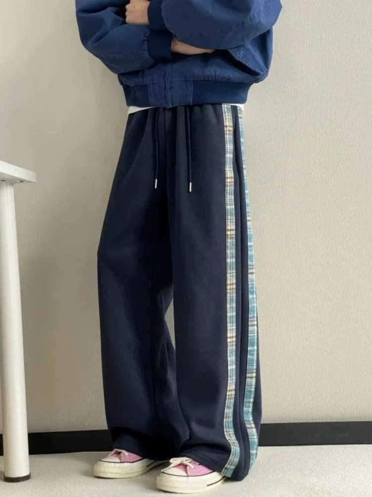 Splicing Plaid Men's Sweatpants Loose Sport Elegant Autumn Winter Trousers High Quality Retro Casual Korean Male Sports Pants