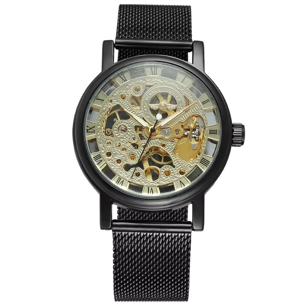WINNER  trend fashion Roman gold hollow dial low-key luxury men's alloy strap mechanical wrist watch