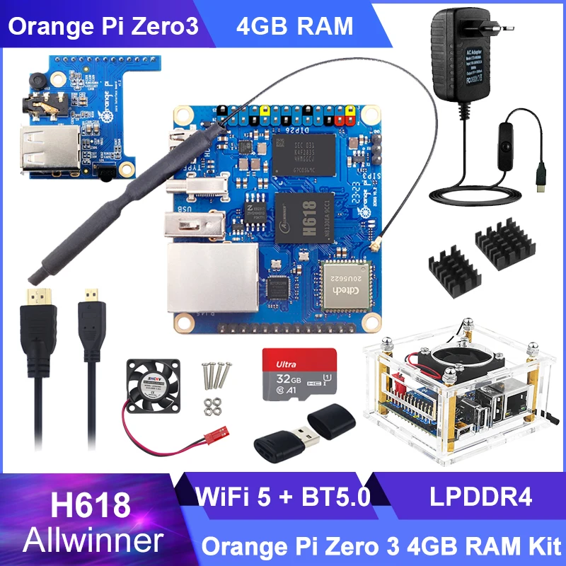 Orange Pi Zero3 4G RAM Allwinner H618 Quad-Core Cortex-A53 64-bit Dual Band WiFi5+BT 5.0 Gigabit Optional Power Supply OPI Zero3