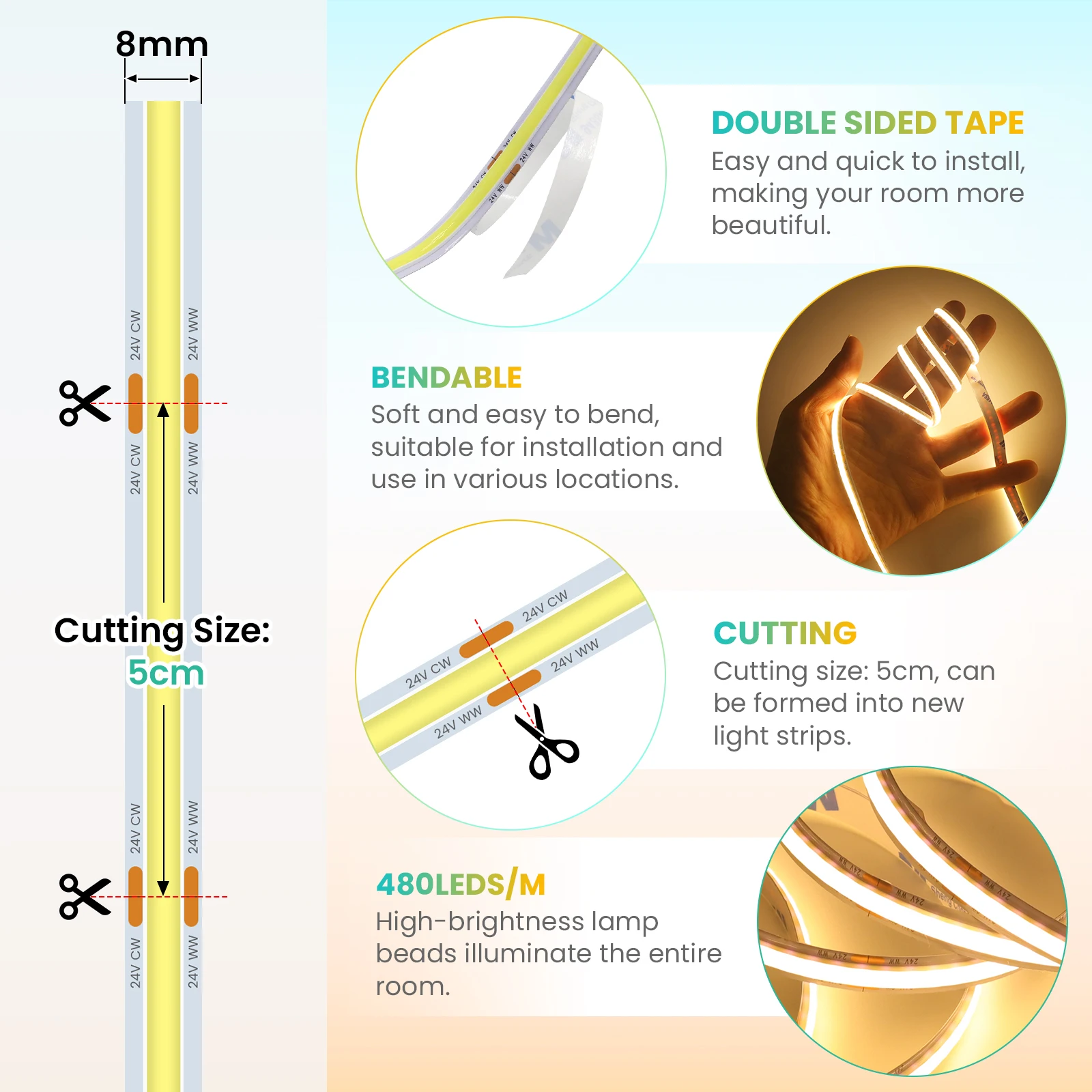 CCT COB LED Strip 24V 480LEDs/m Flexible Tape Ribbon Dual Color 2700K to 6500K/Yellow to Ice Blue Dimmable Linear Lighting