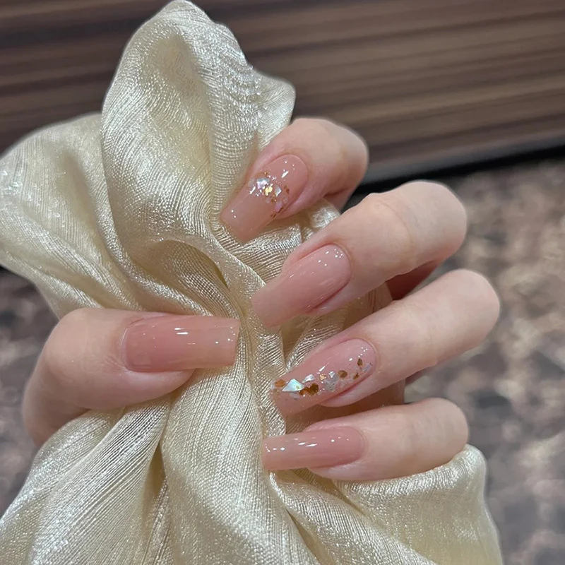 24 pçs moda nude rosa glitter longo quadrado unhas falsas com adesivo de geléia destacável capa completa imprensa em unhas artificiais
