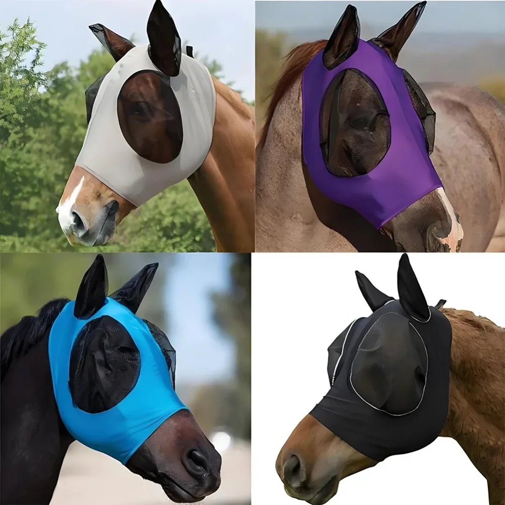 1PC Fly Masks Anti Mosquito Elastic Mesh Horse Face Shields Breathable Horse Head Cover Hood Horse Riding Equestrian Equipment