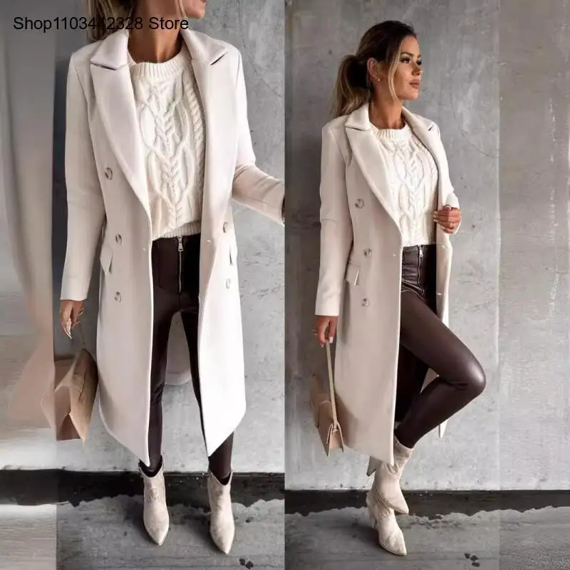 Women's New Coat Independent Station Wish Amazon Long Sleeved Double Breasted Woolen Coat