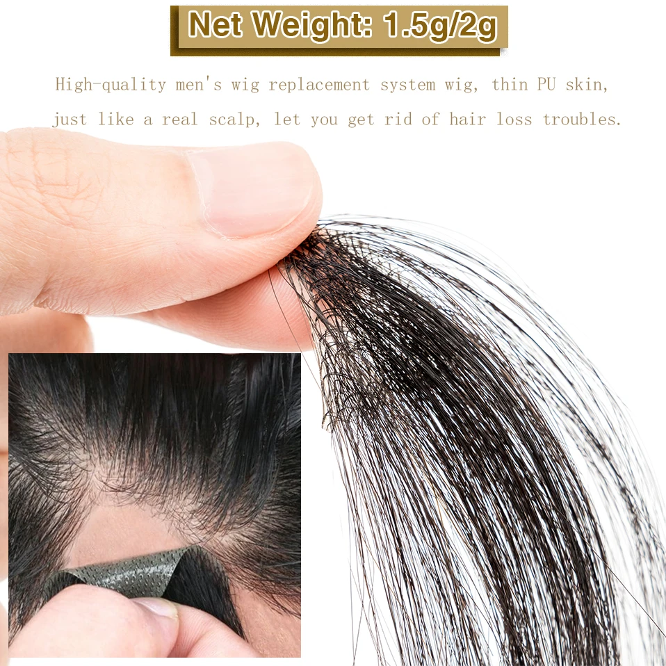 S-noilite 남성용 Toupee 앞머리 인모 자연스러운 모발, PU 헤어피스 헤어 패치, 탈모용 보이지 않는 익스텐션, 6 인치 헤어라인