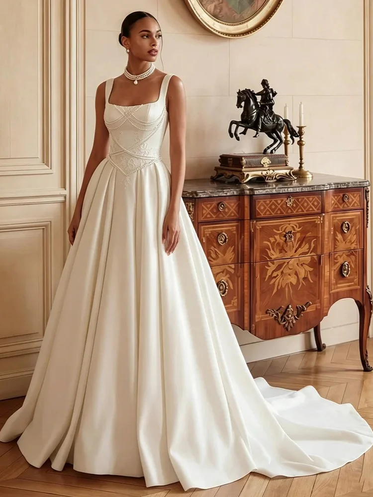 Customized 2026 New Arrival Custom Bridal Gown Elegant Square Neck Sleeveless Wedding Dress with Applique Romantic Sweep Train