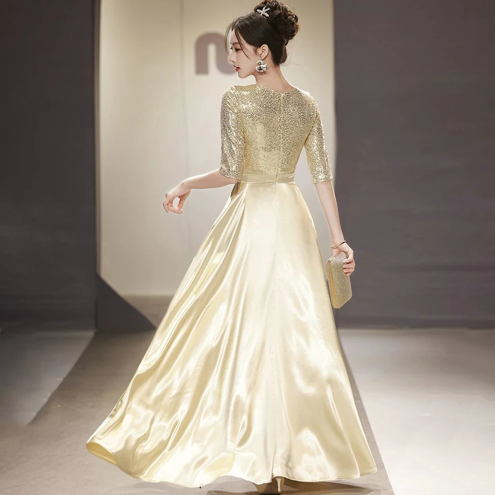 Champagne Evening Dresses Women's 2026 New Chic Slim Medium Long Host Adult Command Suit Stage Competition Performance Costume