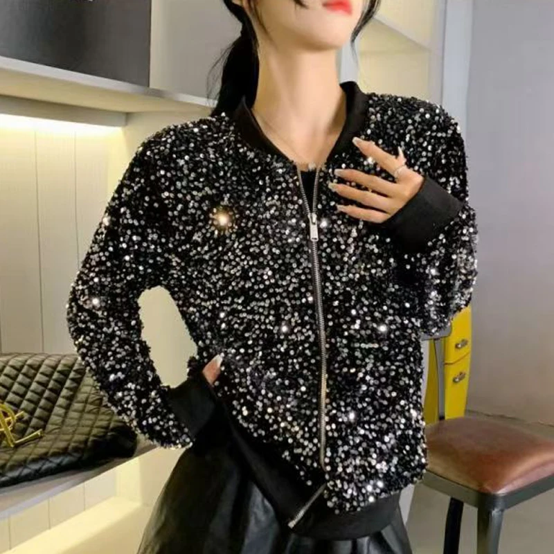 Damen Schwarze Pailletten-Bomberjacke Funkelnde Strass-Kurzjacke Glitzer-Blazer für Party Ausgehen Schicke Clubwear-Jacke Oberteile – Detail 3
