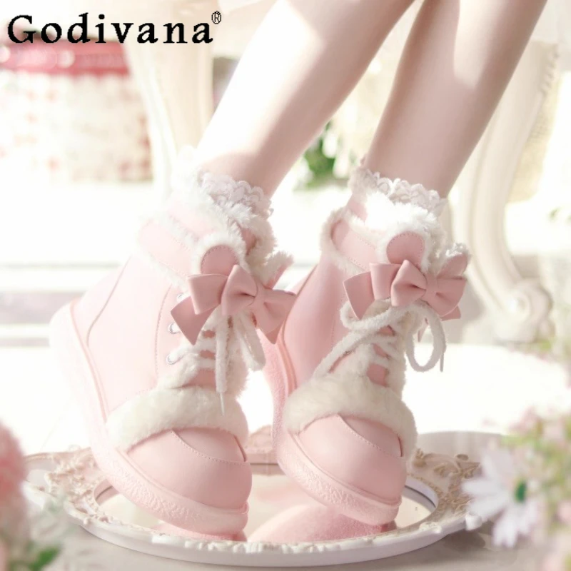 

Winter New Cute Girls Plush Warm Pink Snow Boots 2025 Japanese Lolita Sweet Elegant Cute Bow Lo Short Boots for Women 2025