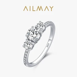 Ailmay Genuine 925 Sterling Silver Luxury Round Emerald Cut Dazzling Zircon Finger Rings For Women Wedding Fine Jewelry Bague