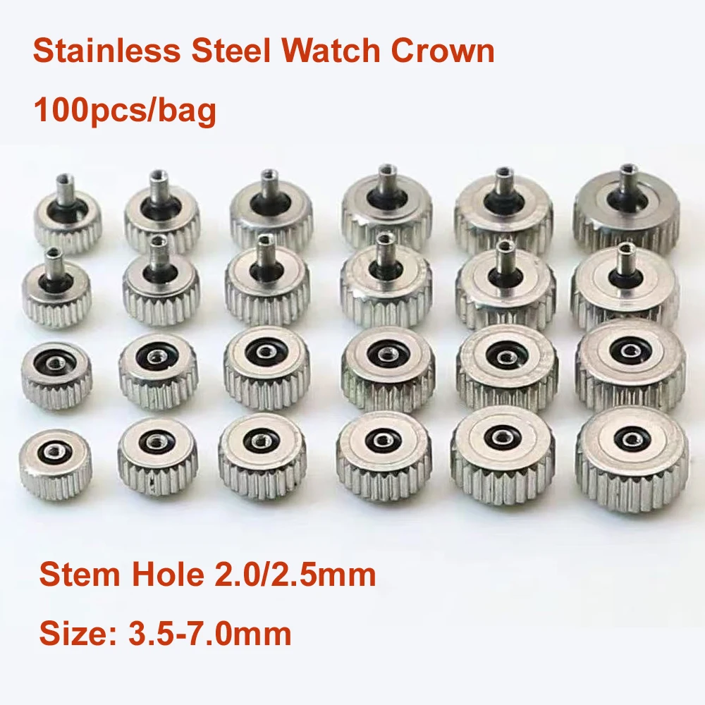 

100 шт./лот, заводная головка для часов, нержавеющая сталь, серебряная диафрагма 2,5 мм, размер 4,5 мм-8,0 мм, запасные части для ремонта головки часов, оптовая продажа