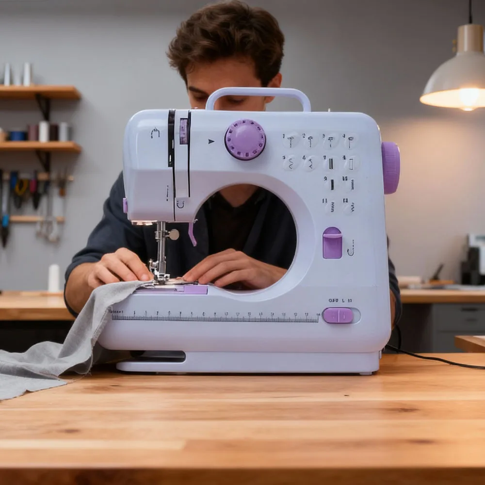 

Mini Electric Portable Sewing Machine for Beginners 12 Stitches Foot Pedal Night Light Speed Control for DIY Home Sewing Mending