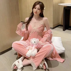 Long-sleeved Trousers Home Dress Women's Pajamas Set 3 Piece Pajama Set Women Spring Autumn Winter Sweet Lace Lashing Cardigan