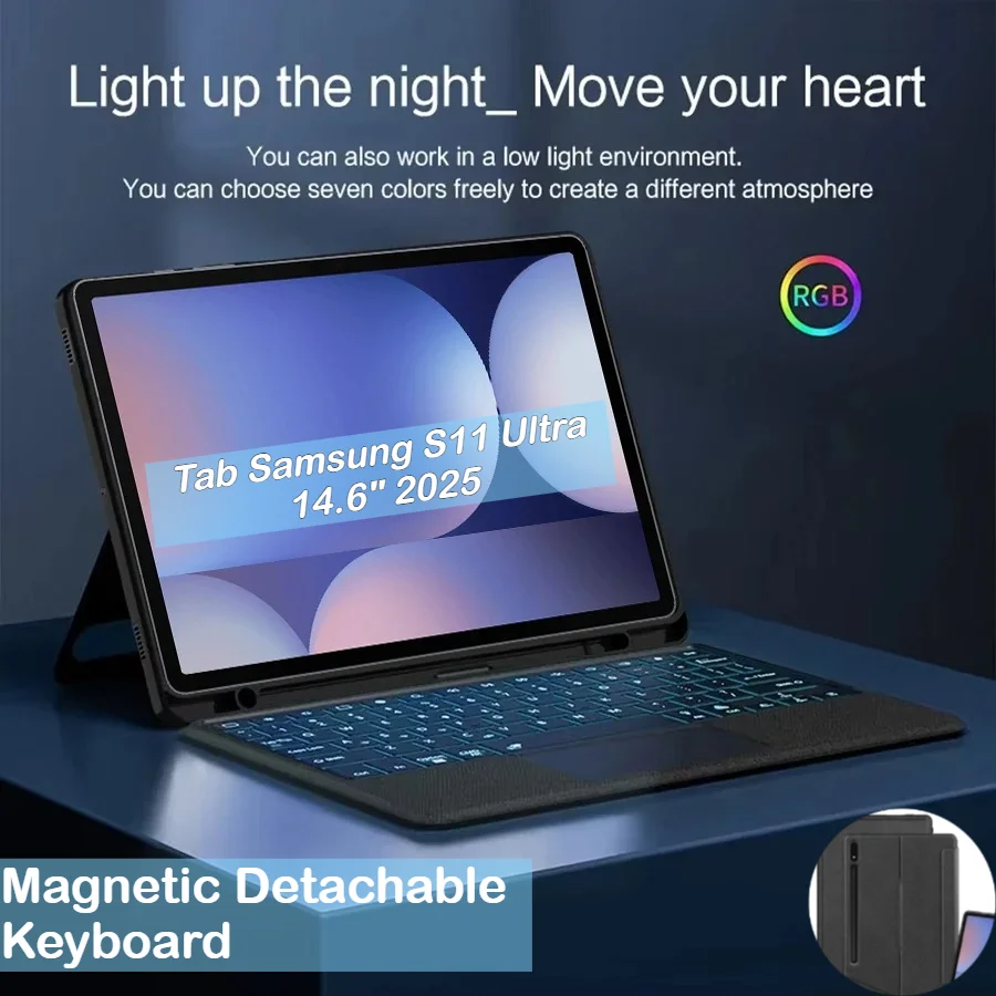 

2025 Новый съемный чехол Magic Keyboard из искусственной кожи для Samsung Galaxy Tab S11 Ultra 14,6 дюйма S10 S9 S8 Ultra 14,6 дюйма с сенсорной подсветкой Funda