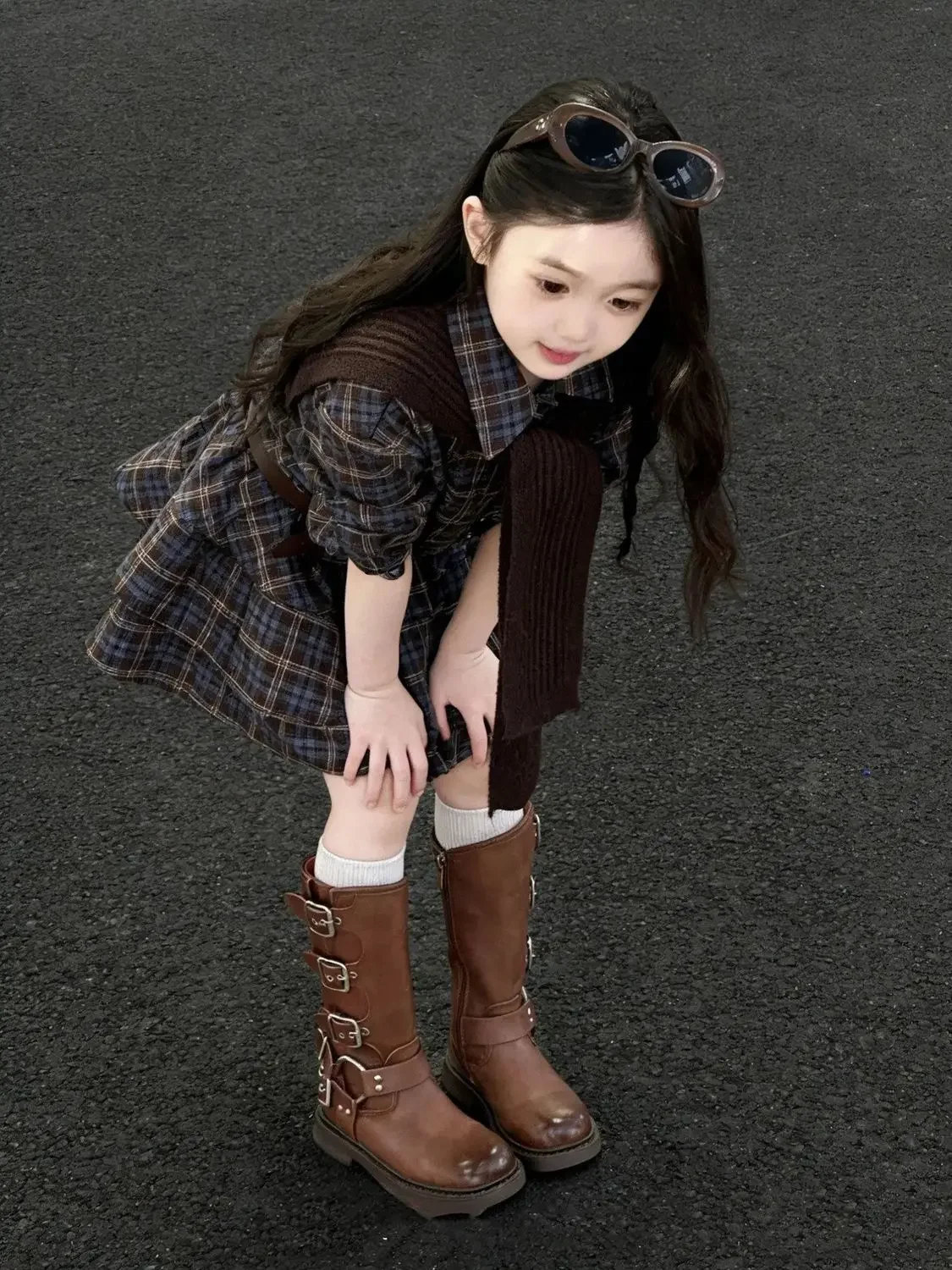 

Girls' Plaid Dress Spring And Summer New Children's College Style JK Western Style Shawl Dress