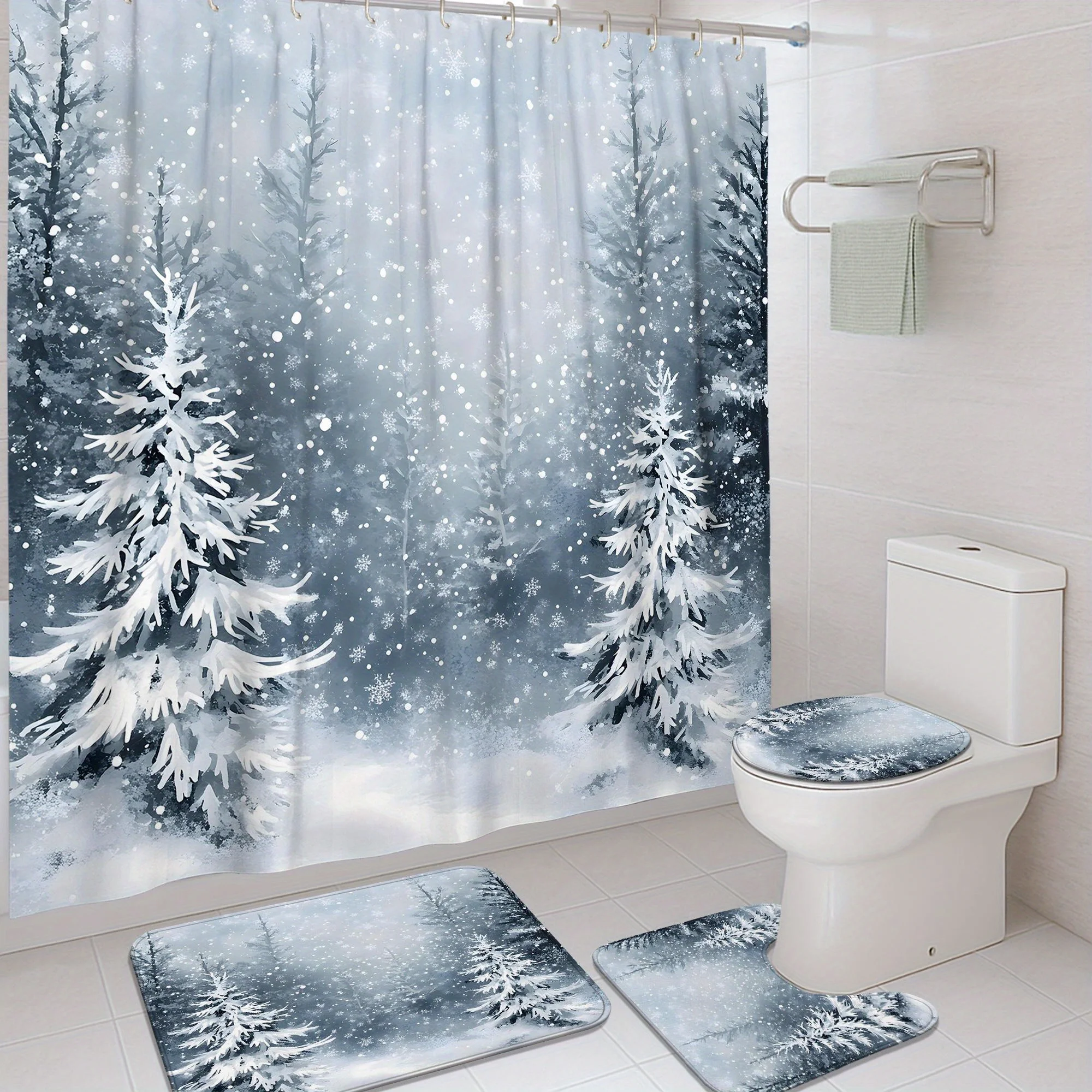 

4 шт., рождественская снежинка, дерево, зимняя сцена, праздничная сине-белая занавеска для душа, набор украшений, моющаяся занавеска для душа из полиэстера