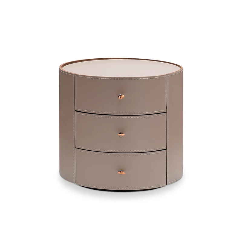 

Minimalist Walnut Bedside Table Modern Simple and Light Luxury round Saddle Leather Drawer