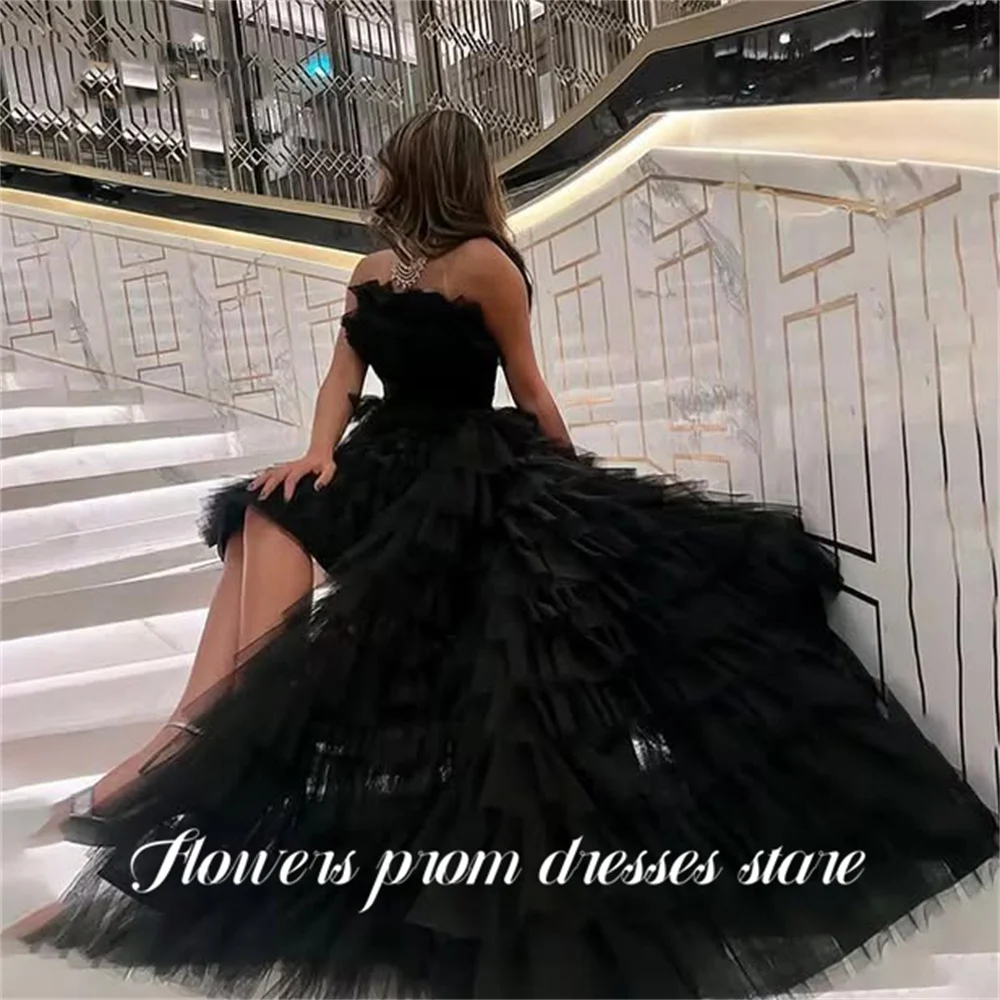 

Flowers Black Formal Dresses Strapless Evening Dress High Low Party Dresses Tiered Prom Gown Tulle robes du soir Customized