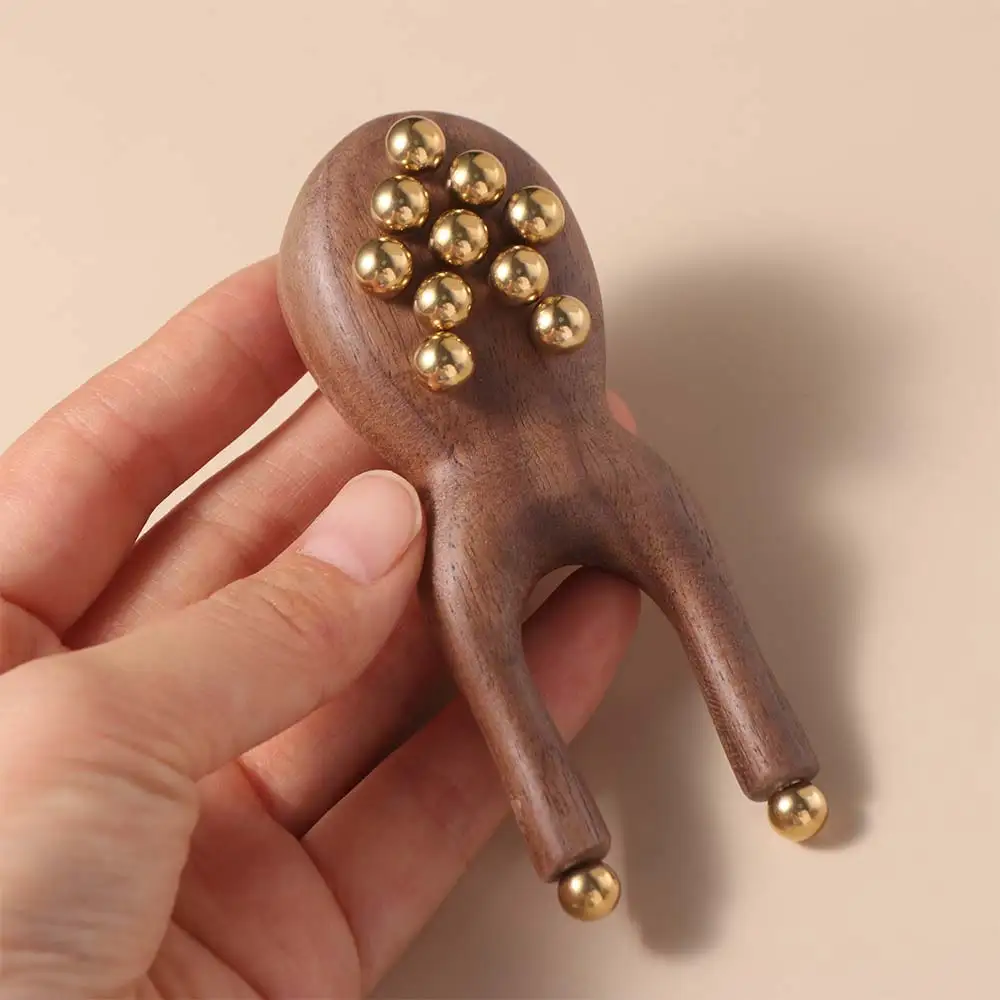 

12 Copper Beads Guasha Face Massager Tool Wooden Handle Antistatic Meridian Comb Frog Shape Fascia Lifting Wood Gua Sha Tool