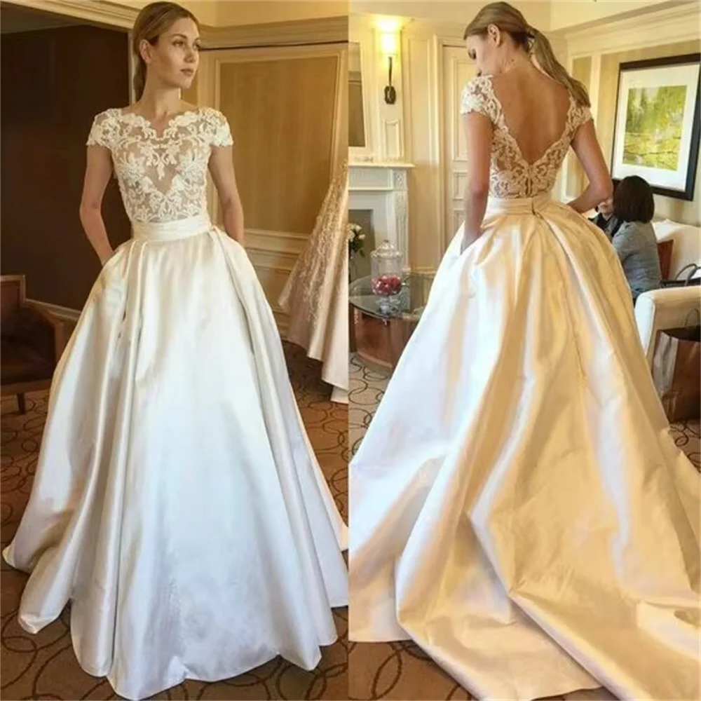 Vestido de novia de encaje con cuentas, elegante, blanco y marfil, Vintage, manga casquillo, espalda abierta, con bolsillos, 2020